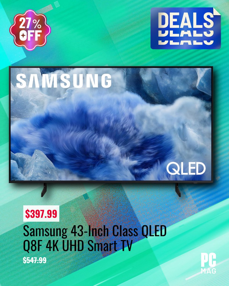 PCMag's tweet image. The AI-powered Samsung Q8F upscales content to stunning 4K and optimizes audio based on what you’re watching. It includes Samsung TV Plus, which offers over 2,700 free channels. Grab this limited-time deal for $398 and save $150 amzn.to/4m6PYMc

#SamsungTV #SmartTV #PCMag