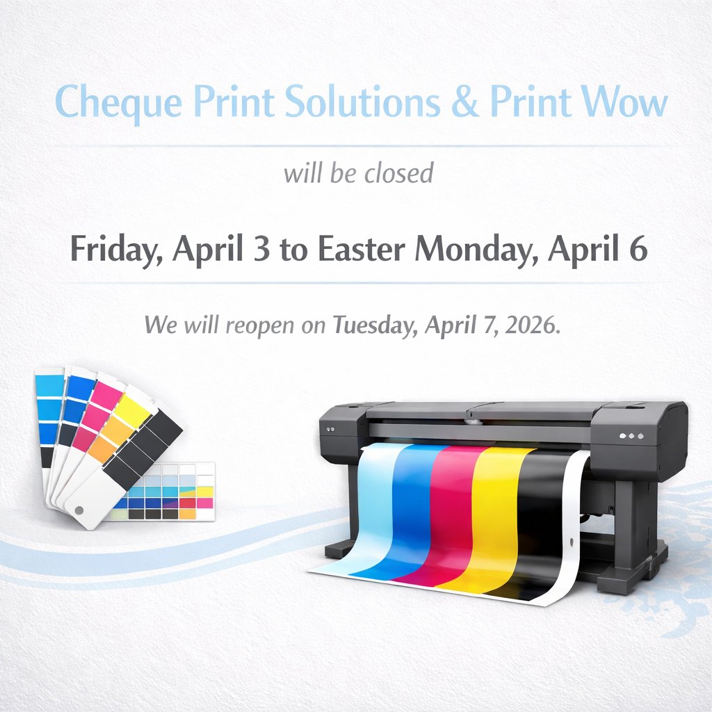 <a href="/ChequePrint/">Cheque Print</a>  &amp; <a href="/PrintWowcustom/">PrintWow</a> will be closed in Good Friday (April 3) and Easter Monday (April 6). We’d like to take this opportunity to thank all our valued customers and suppliers for your continued support. Wishing you a relaxing and enjoyable long weekend!  #PrintIndustry