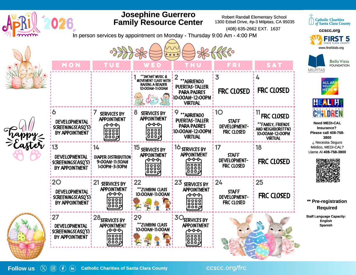 CatholicCharSCC's tweet image. Join us this April 2026 at the Josephine Guerrero Family Resource Center! Located at Robert Randall Elementary School in Milpitas, we are here to support your family with a variety of engaging programs.

Learn more: bit.ly/CCSCC-FRC
#First5SantaClara #EarlyLearning
