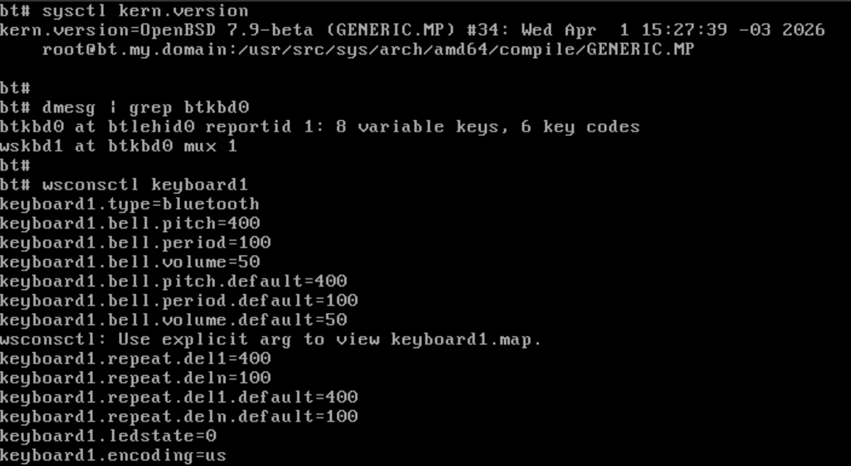 Bluetooth keyboard working on #OpenBSD 🐡 Logitech MX Keys Mini connected via BLE (HOGP).   

- USB HCI transport 
- SMP LESC pairing  ECDH + AES-CMAC crypto  
- ATT/GATT  
- HID over GATT

There's still a long way to go =]