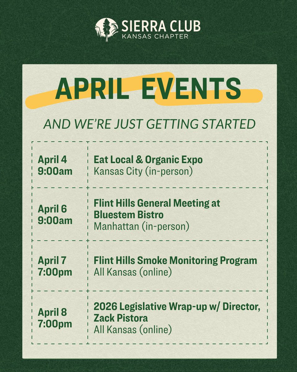 Happy Earth Month! 🌏💚
This is the time to step outside🌲🥾 show up for nature 🌱✊️ strengthen community bonds🤸‍♀️🤸‍♂️ and support environmental organizations✨️

Here’s a few events on the calendar for this week and next to get you started!
sierraclub.org/kansas/calendar

#earthmonth