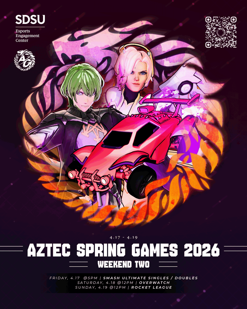 aztecgamingsdsu's tweet photo. 🔥AZTEC SPRING GAMES 2026 - WEEKEND TWO🔥

– Open Registration
⚔️ FRIDAY (4/17 @ 5PM) - SMASH ULTIMATE

– Invitational Only
⏱️ SATURDAY (4/18 @ 12PM) - OVERWATCH
🚗 SUNDAY (4/19 @ 12PM) - ROCKET LEAGUE

📝 Register to play / attend:
https://t.co/pcquN2Eikx

#SDSU #Esports https://t.co/gGrFVPJNKt
