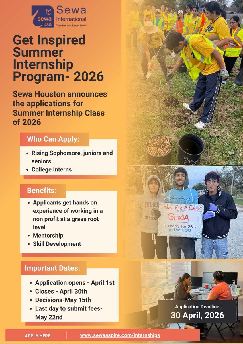 Applications are now open for the Sewa Houston Summer Internship 2026! 🎓✨Gain hands-on nonprofit experience, build skills &amp; get mentorship while making real community impact.📅 Apply by Apr 30, 2026
🔗 sewaaspire.com/internships#In… #SewaHouston #YouthLeadership