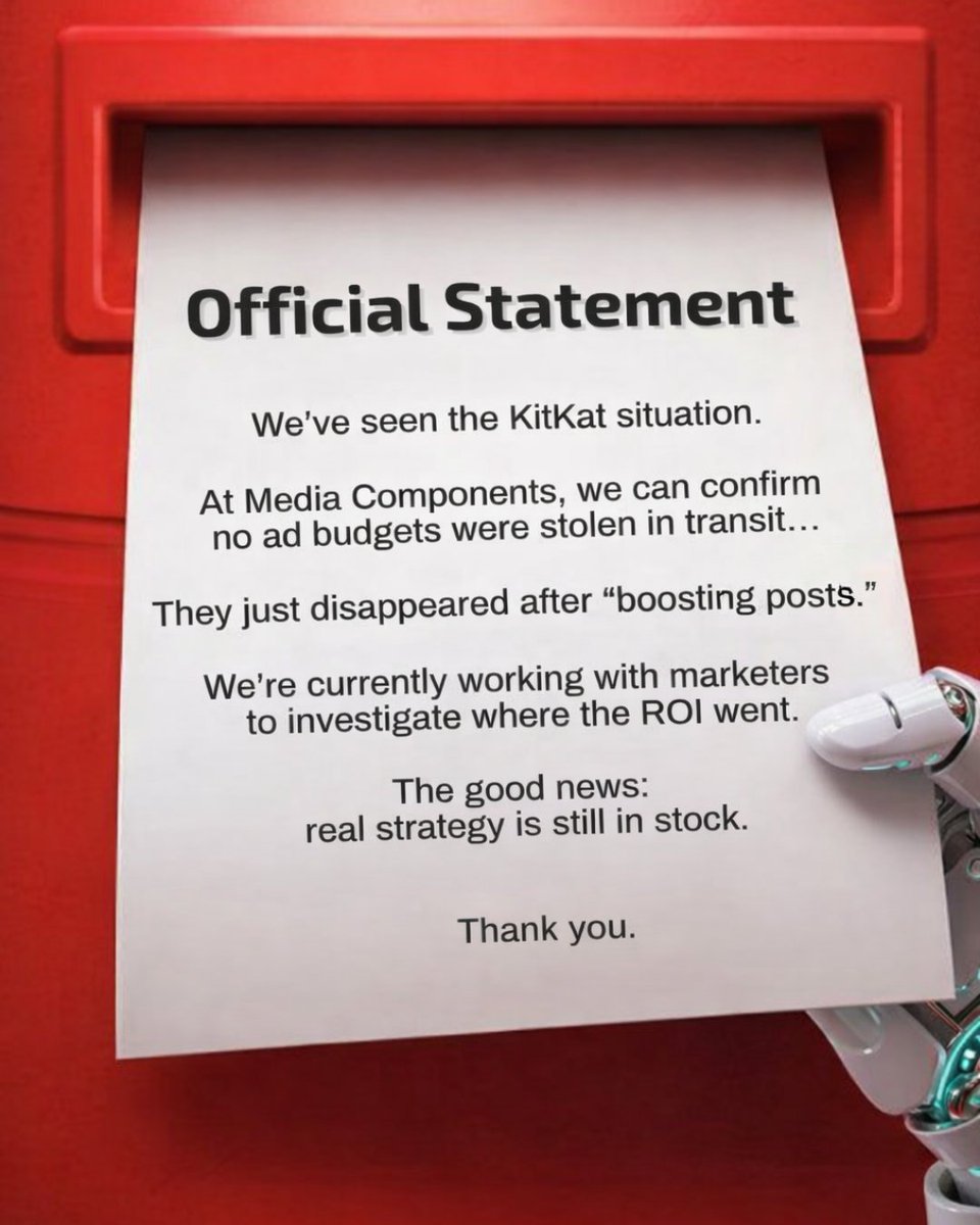 mediacomponents's tweet photo. Hey @kitkat… we checked too.

No budgets were stolen. Just… “strategically misused.”

Investigation ongoing. Results pending.

👇 Comment “HELP” if your ads need saving
❤️ Tap before your budget disappears https://t.co/66dJVO3KPi
