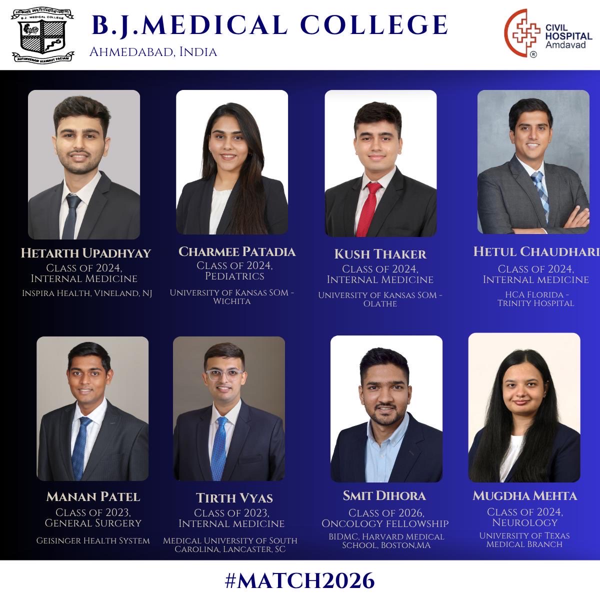 HarshVadnagara's tweet photo. Congratulations to my fellow med school @bjmc_ahmedabad graduates for matching into different residencies across USA. You all are constant source of motivation and support 👏🏼. It is a great honour to be part of this iconic institution and to share this journey with everyone. https://t.co/U0bcp3SGnJ