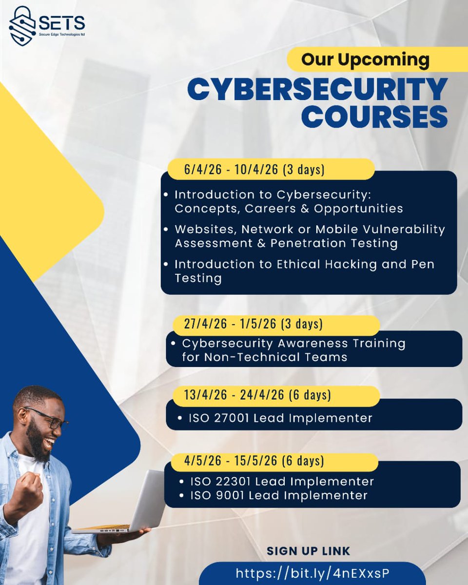 Upskill in Cybersecurity with our upcoming hands-on courses designed to boost your expertise and career opportunities.

Secure your spot today and take the next step toward becoming a certified professional.

🔗 Register now: 
forms.gle/mhaqyHgJ56rbB7…

#cybersecurity #techtraining