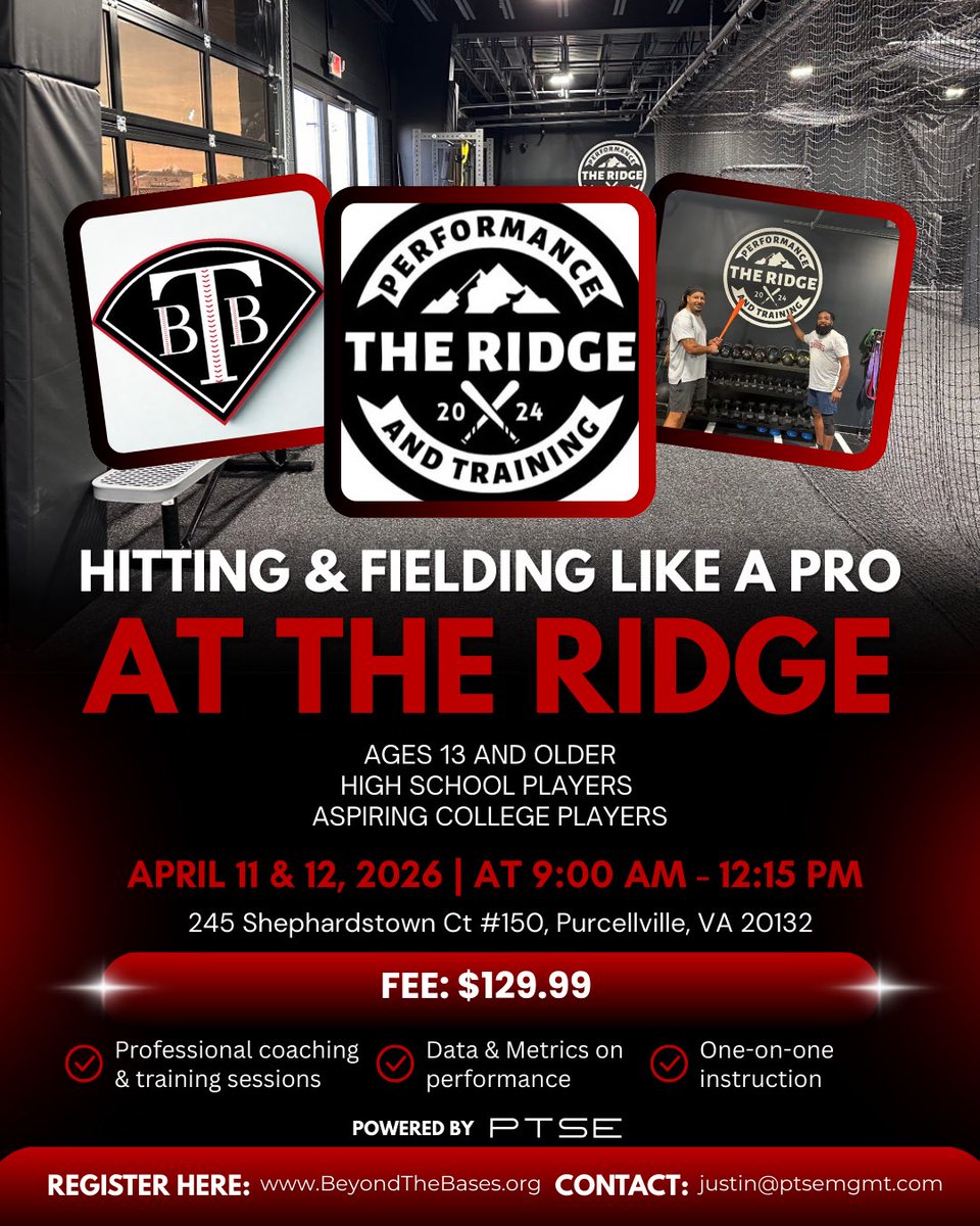 _beyondthebases's tweet photo. Sign up for our upcoming clinic, “Hitting &amp; Fielding Like a Pro”

🗓️ April 11 &amp; 12, 2026
⏰ 9:00am - 12:15pm EST
📍The Ridge Performance and Training (Purcellville, VA)

Visit the link in bio to learn more!⚾️ 
#BeyondTheBases #BTB #Baseball #baseballdevelopment #baseballtraining https://t.co/WnARsWve91