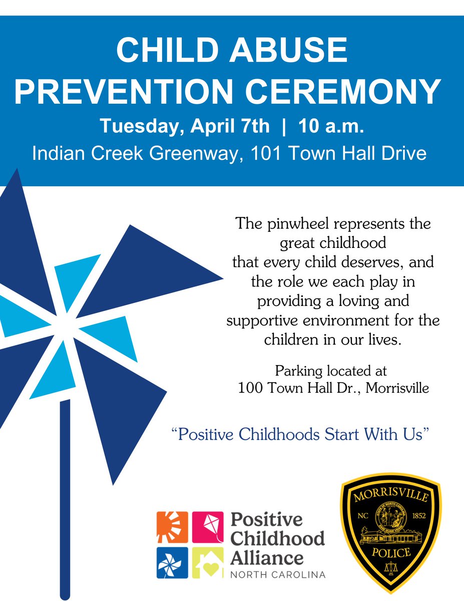 MorrisvilleNCPD's tweet photo. The community is invited to attend a Child Abuse Prevention Ceremony on Tuesday, April 7, at 10 a.m., located at the Indian Creek Greenway at 101 Town Hall Drive.
Learn more at: https://t.co/acPp6iN6ij
#PCANC #BluePinwheels https://t.co/dKy5uRnJLj