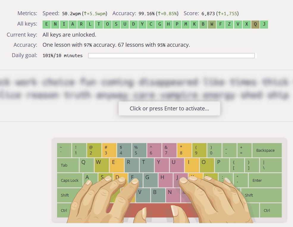 skyandmacbook's tweet photo. 今日Keybr 10分鐘：
速度 50.2 WPM（↑5.5） 正確率 99.16%（↑0.85%） 分數 6873（↑1755）
1次97%，67次95%。
這次速度與正確率同步大漲，正是長期守住高正確率後的自然反彈。
正確率一穩，速度就會自己跟上。

#每日打字練習 #Keybr #刻意練習 https://t.co/XHloaVCunT