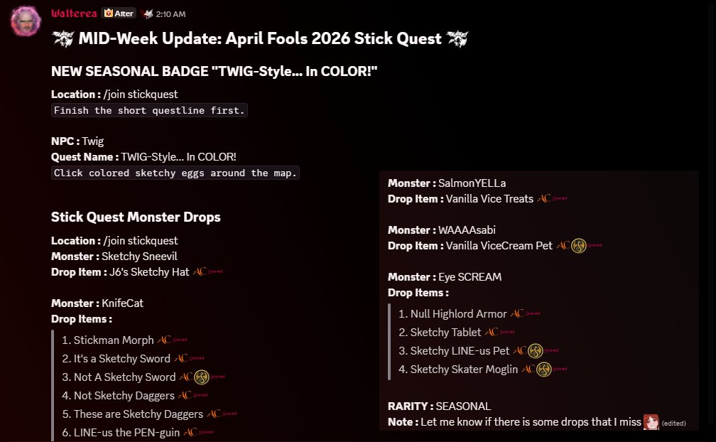 Datenshi6699's tweet photo. ✨MID-Week Update: April Fools 2026 Stick Quest✨

/join stickquest
1. NEW SEASONAL BADGE "TWIG-Style... In COLOR!"
2. NEW Seasonal AC TAGGED drops

* Check reply for Colored Sketchy Eggs Location
* Let me know if you guys find new drop items

Good Luck ^^ https://t.co/EXkugGp7LS