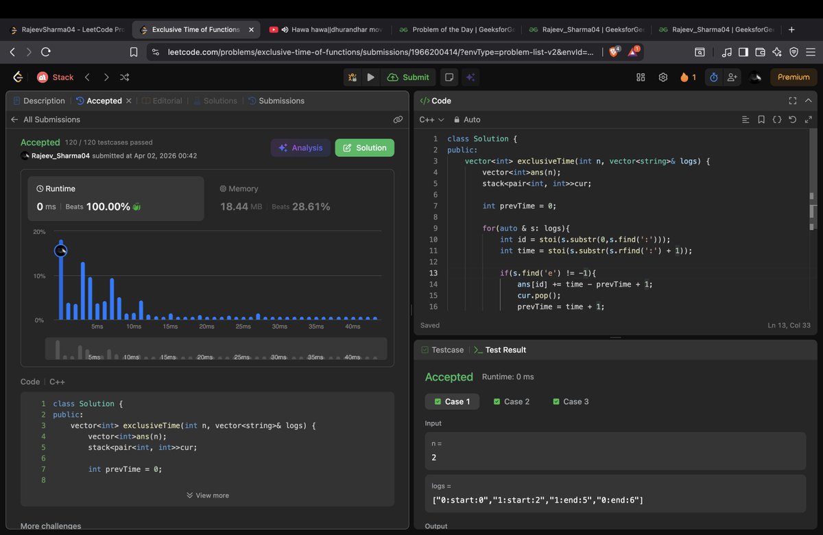 Rajeev_Sharma04's tweet photo. Day 5/10 of DSA  challenge🔥

Solved 4 stack problems:
✅ Build Array with Stack Ops
✅ Reverse Polish Notation
✅ Exclusive Time of Functions
✅ Robot Collisions (Hard 💥)
0 ms on multiple solutions ⚡
Consistency > Motivation 💪
#DSA #LeetCode #10DaysOfCode https://t.co/LipXfKASAy