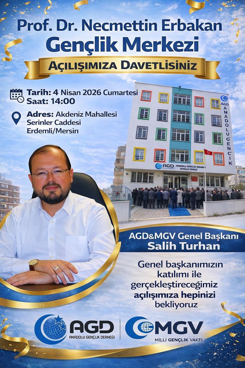 MersinAGD's tweet photo. Genel Başkanımızın da katılacağı bu anlamlı açılışımıza sizleri de bekleriz inşaAllah. 🤲❤️

Konum: 📍 https://t.co/LzbICwA2XK  

Tarih: 4 Nisan 2026 Cumartesi
Saat: 14:00 
Yer: Akdeniz Mahallesi Serinler Caddesi 39/A ERDEMLİ 

@AGDSalihTURHAN @agdorgtr https://t.co/qsH0DAyium