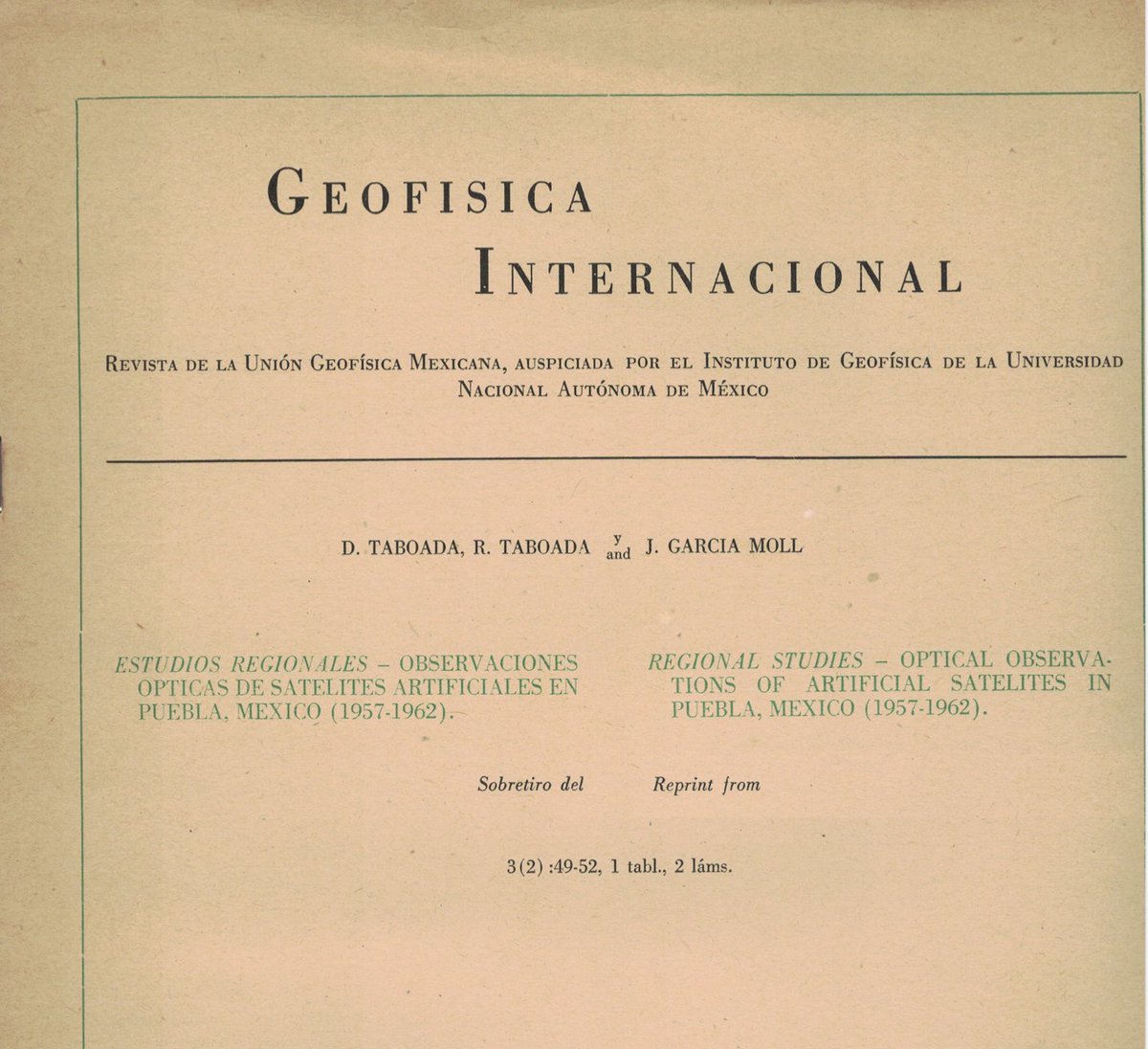 Desde mi servidor ya puede descargarse el trabajo que mi padre, junto con otros dos autores, publicó en 1963 (en ese entonces tenía 25 años), en la revista Geofísica Internacional sobre "Observaciones ópticas de satélites artificiales". palabrasconciencia.com/julio/julio_ga…