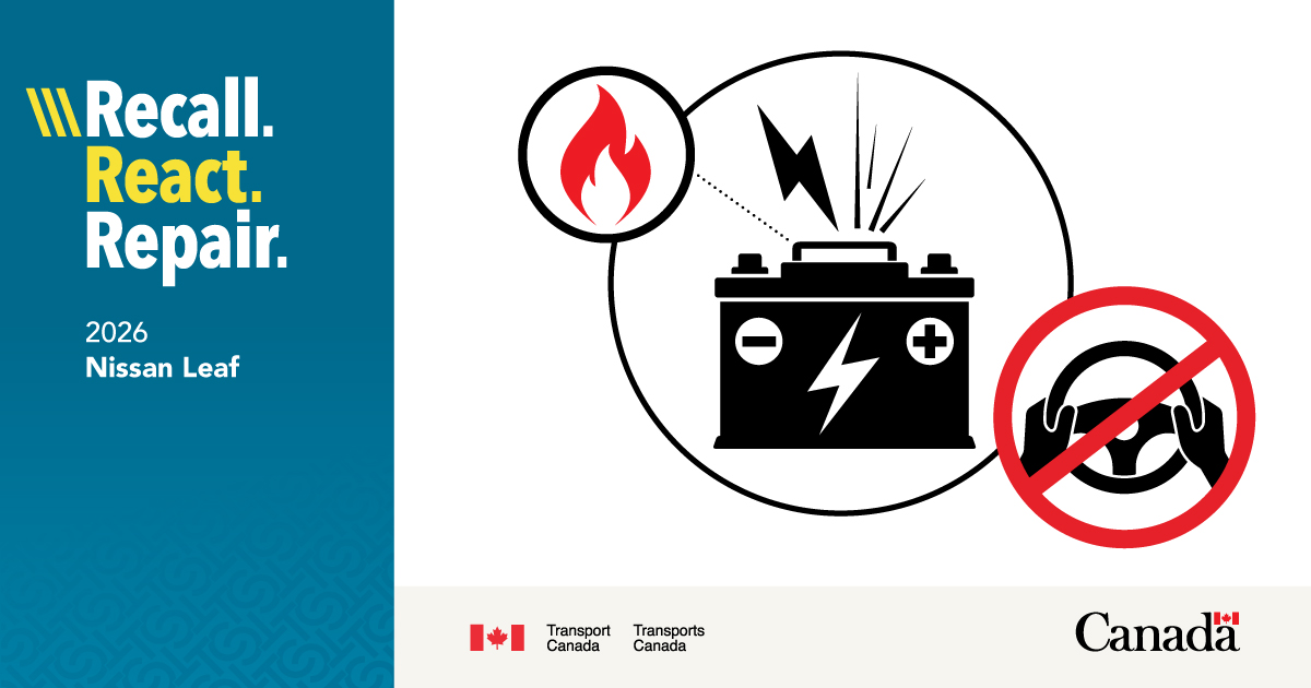 Transport_gc's tweet image. #Recall: Do you drive a 2026 Nissan Leaf? 
A problem inside the high-voltage battery could cause a short circuit, and the battery to overheat, creating the risk of a fire. Nissan Canada advises drivers not to charge their vehicles and to park outdoors until repaired.