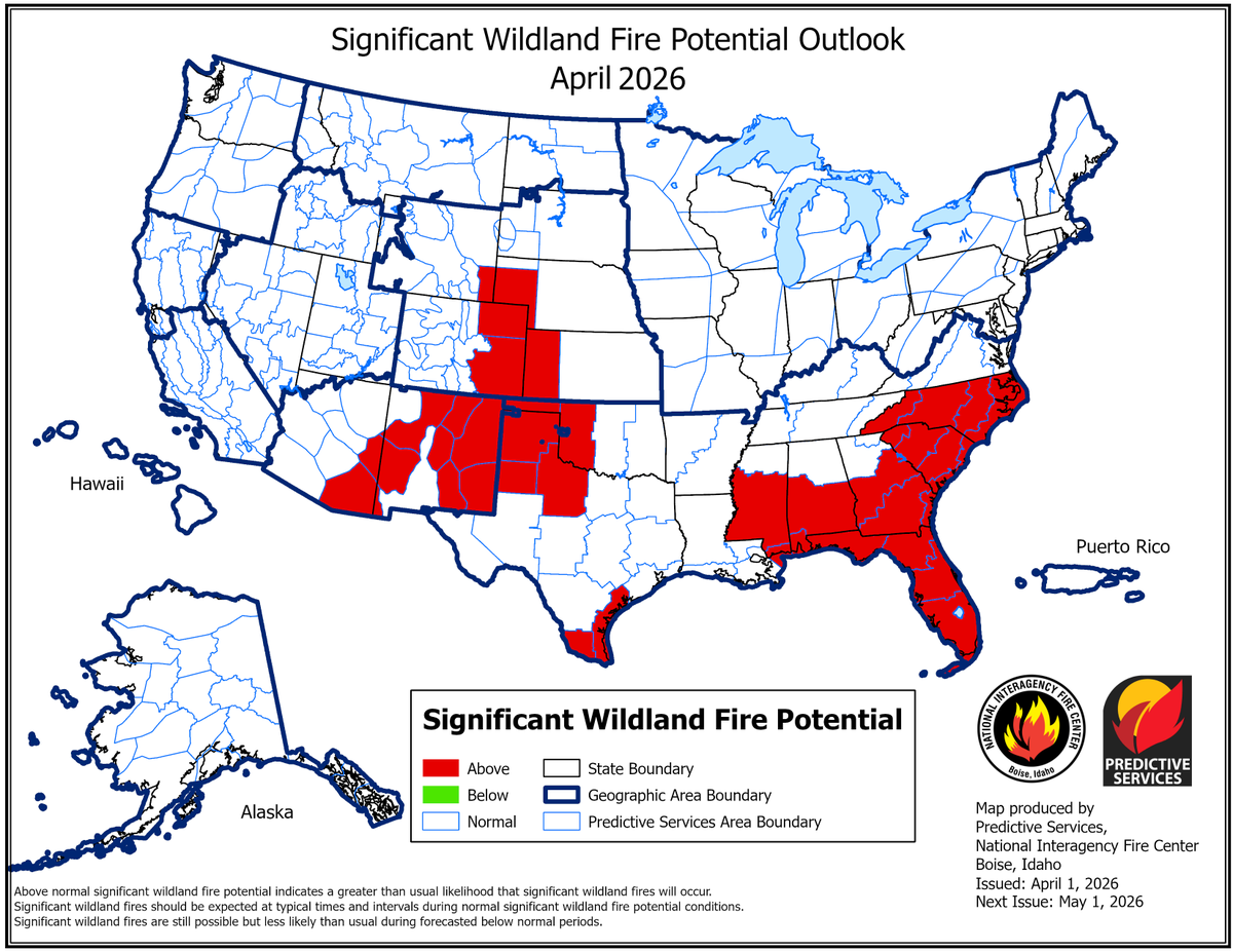 NIFC_Fire's tweet photo. National Fire News: April 1, 2026 - No April Fool's joke here! Released today from predictive services, here's a look at the National Significant Wildland Fire Potential over the next four months.

🔥Read the full outlook here: https://t.co/81gZvf5RrT https://t.co/ApyCExnrGu