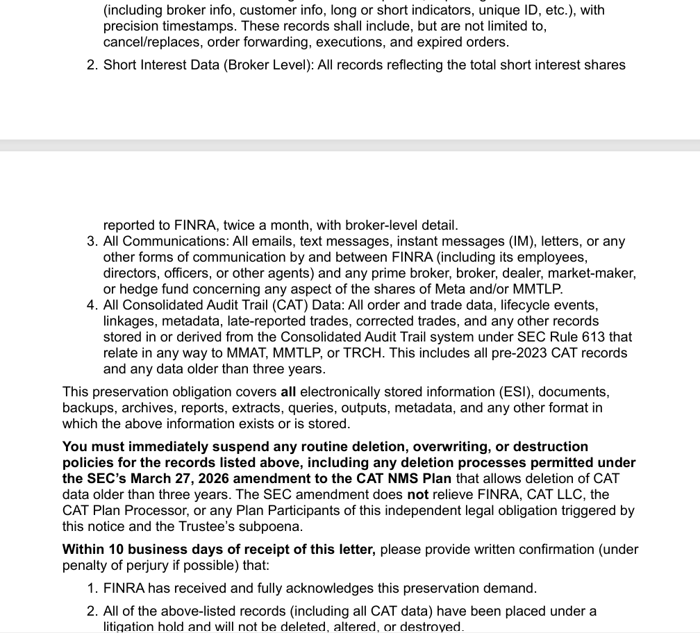 KarmaCollects's tweet photo. $MMTLP Hello @FINRA. Now you can't delete the data, regardless of the rule change, and regardless of if the Judge compels you to turn it over to the trustee. I'll be posting my return receipt when I get it. 

You're welcome!😁