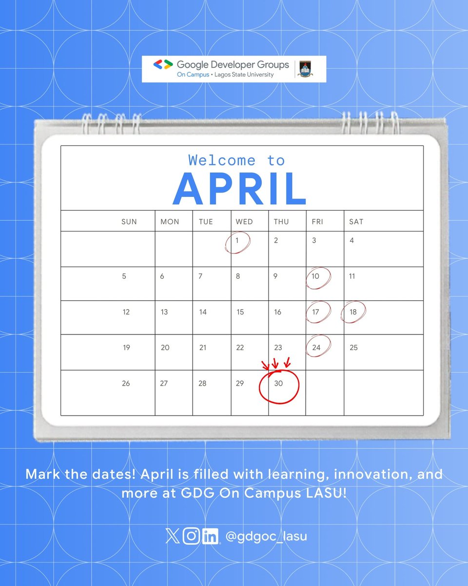 gdgoc_lasu's tweet image. Happy New Month, GDG LASU! 🎉

April is here — let's build, grow, and win together. 💙🚀

#HappyNewMonth #GDGLASU #April2026