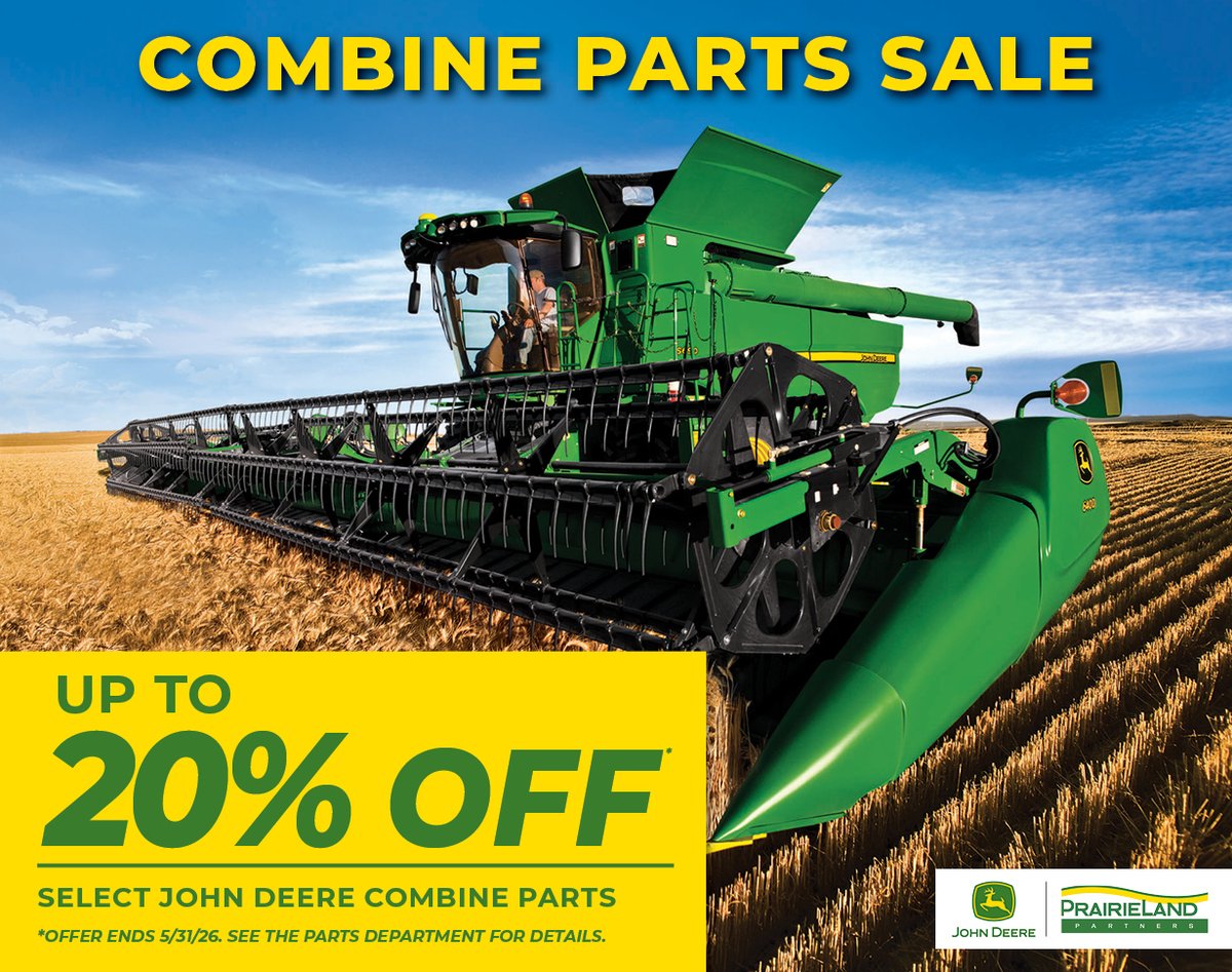 PrairieLandJD's tweet photo. Get your combine field-ready with our Spring Parts Specials:
🔧 Up to 20% off select John Deere Combine Parts

Don’t wait for downtime, save now and stay running strong through harvest.
Offer ends May 31, 2026. Stop by your local PrairieLand Partners to learn more. https://t.co/vSlmWeuYPH