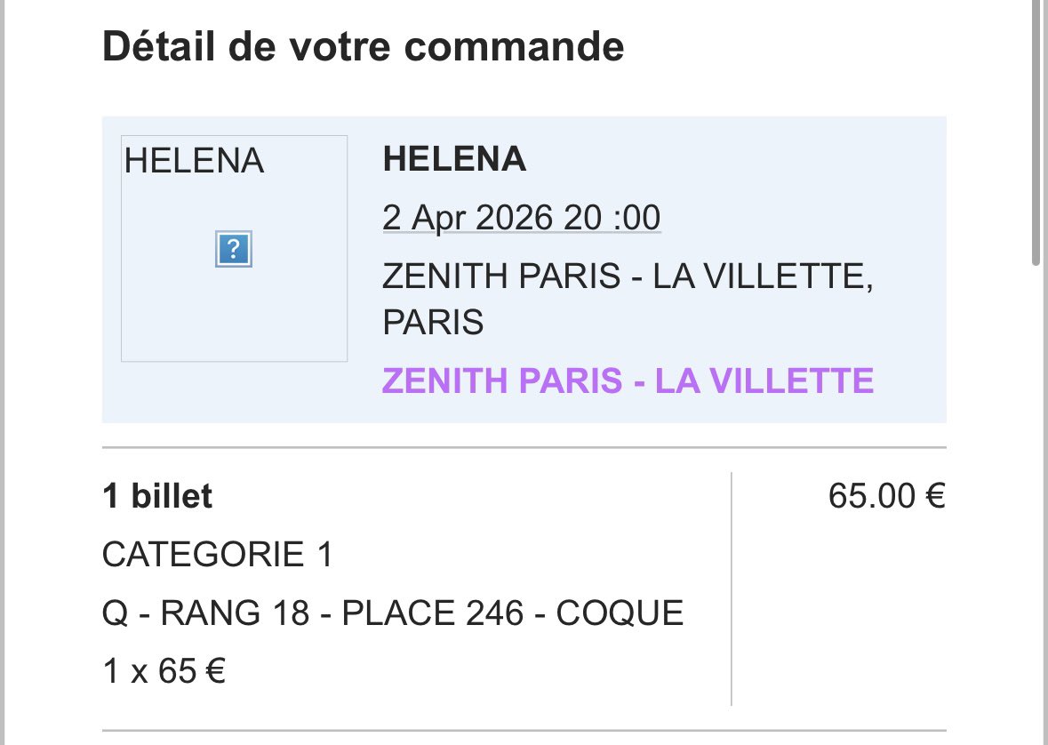 Je vends cette place pour le Zenith de Paris d’Helena demain soir, 40 euros au lieu de 65.

#helenabailly #helena