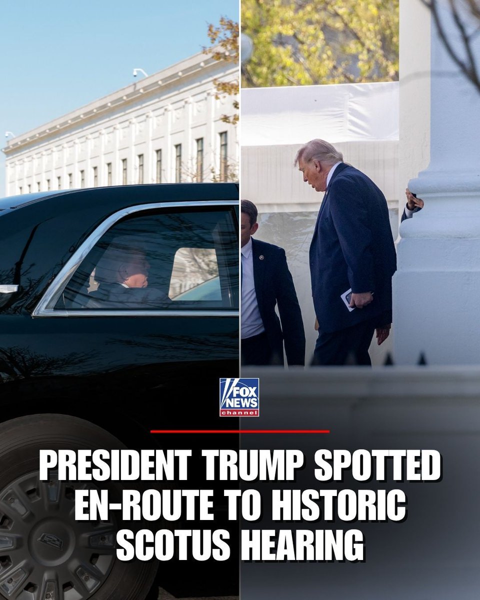FoxNews's tweet image. SEE IT: President Trump makes history en route to the high-stakes SCOTUS birthright citizenship hearing, marking the first time a sitting president has attended oral arguments at the Supreme Court.