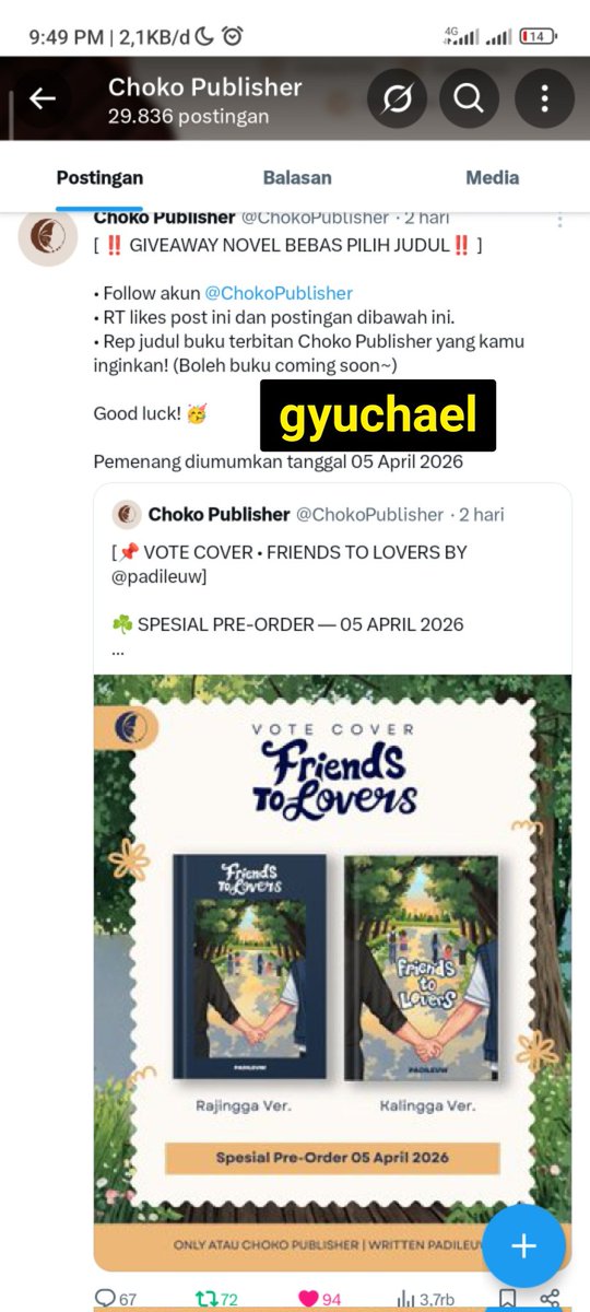 gyuchael's tweet photo. @ChokoPublisher OMAGATTT AKU SANGATTT SANGATTT #MINAT SEKALII NOVEL FRIENDS TO LOVERS PUNYAAA KAA PADILEUWW🥺🫰🏻 hUhUhUuuu wish me luck di giveaway kali ini😣🥹 https://t.co/vxyLx435uI