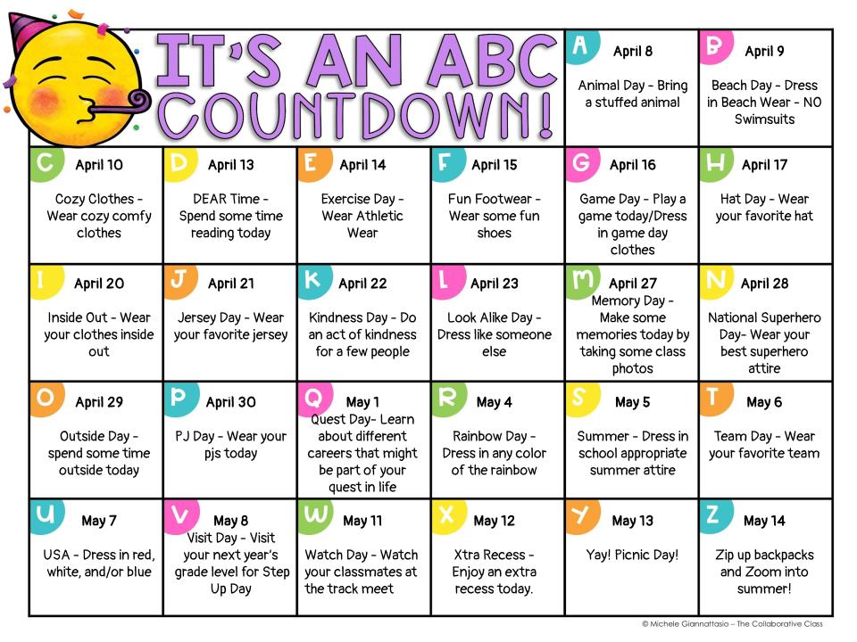 Make sure to checkout our "ABC Countdown" to the end of the year that will begin April 8th!  

Below are details on each of the fun activities we have planned to finish the school year strong! 💪🏽❤️💛