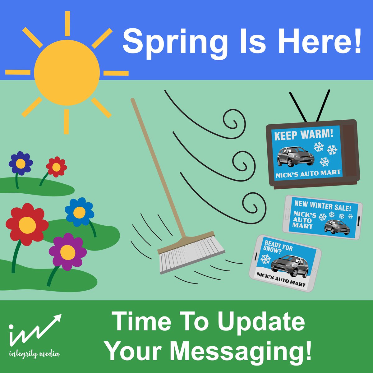 IntegrityAds's tweet photo. Spring Clean Your Marketing 🌸" – Outdated campaigns? Old creative? April is the perfect time to refresh your strategy and keep things sharp. 

#MarketingTips 
#BusinessGrowth https://t.co/bxSKHaT5OD