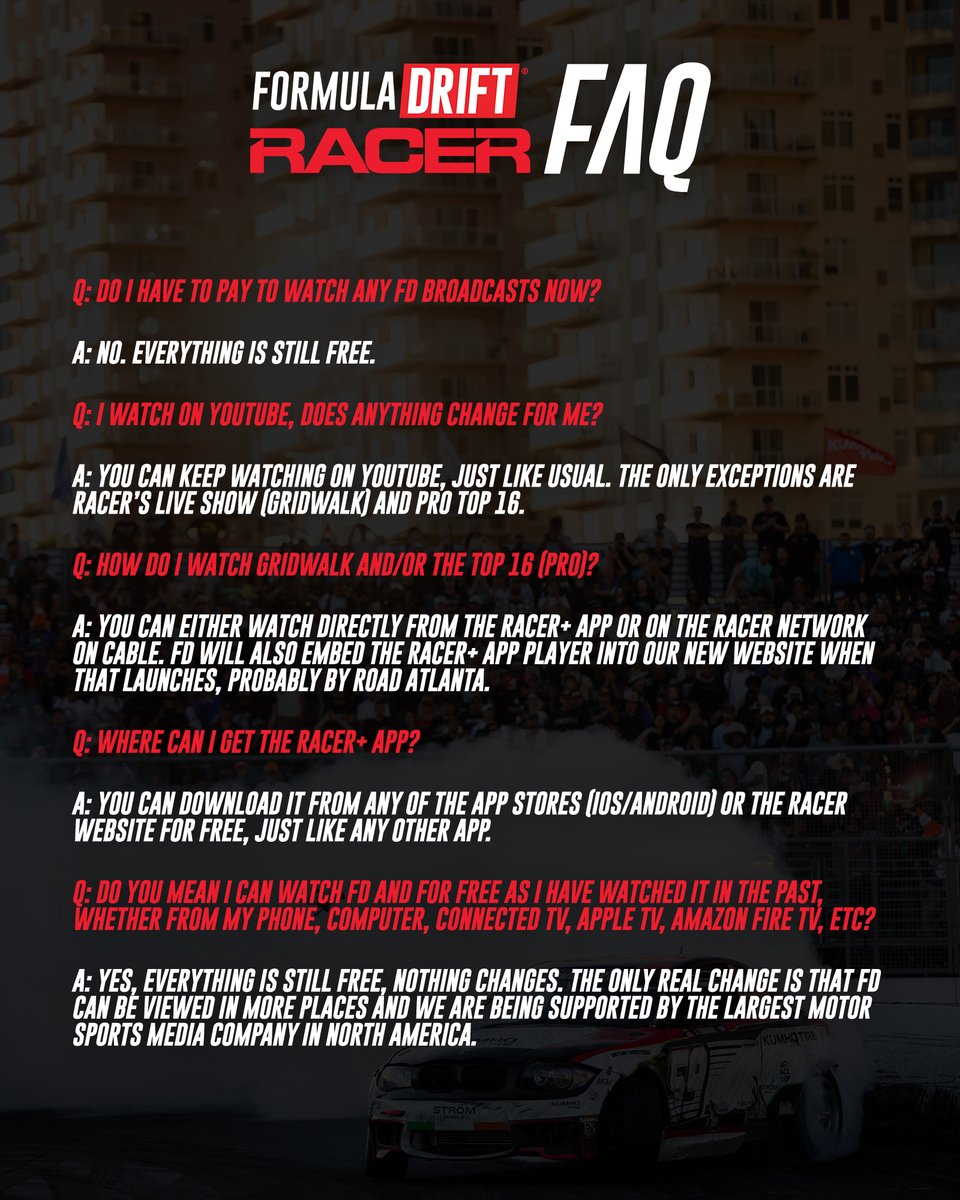 FormulaDrift's tweet image. Yes, it's still 100% free. Here's where to find us next week. Long Beach, April 10-11.

Visit formulad.com/racer to learn more.

#FormulaD #FormulaDRIFT #FDLB