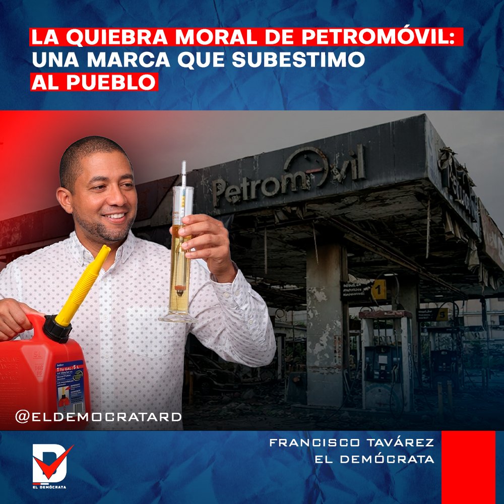 eldemocratard's tweet photo. Petromóvil no perdió una batalla de comunicación. Perdió algo más difícil de recuperar: la confianza de sus consumidores y de todo un país. Y la perdió sola, a fuerza de decisiones torpes tomadas por ejecutivos y asesores que no entendieron que en la República Dominicana de hoy, intimidar a un comunicador que denuncia no silencia la denuncia. La amplifica.

Jeffte Ventura señaló problemas con la calidad del combustible. La respuesta correcta era una sola: pruebas. En cambio, Petromóvil abrió un expediente penal, convocó una rueda de prensa para atacar su figura y creyó que con eso cerraba el caso. Fue el error más costoso y torpe en el manejo de esta crisis.

Las redes sociales respondieron con una contundencia que ningún asesor de imagen anticipó. Más del 98% de los comentarios son a favor de Jeffte Ventura. El movimiento “no he hecho combustible en Petromóvil” se volvió consigna orgánica, sin coordinación, sin convocatoria, nacida del instinto ciudadano de respaldar a quien habla sin miedo frente al poder corporativo.

Esta no es una crisis de imagen. Es una quiebra social de marca. Y no se repara con publicidad.
Lo que empezó como una denuncia personal trasciende hoy a Petromóvil, a sus ejecutivos y a las autoridades reguladoras que deben responder por la calidad de los combustibles que se venden en este país. La ciudadanía exige pruebas independientes, transparencia y el fin de cualquier acción judicial contra Ventura.

El Demócrata respalda a Jeffte Ventura. Porque defender el derecho a denunciar sin miedo no es tomar partido. Es defender la democracia misma.

A Petromóvil le queda una sola salida honrosa; retirarse del conflicto, pedir perdón y dejar de lado la persecución. Que la tomen antes de que sea demasiado tarde.

El Demócrata. Donde la verdad se revela!!!

Amplía más en nuestra web https://t.co/I6p8SspDlX
#eldemocratard