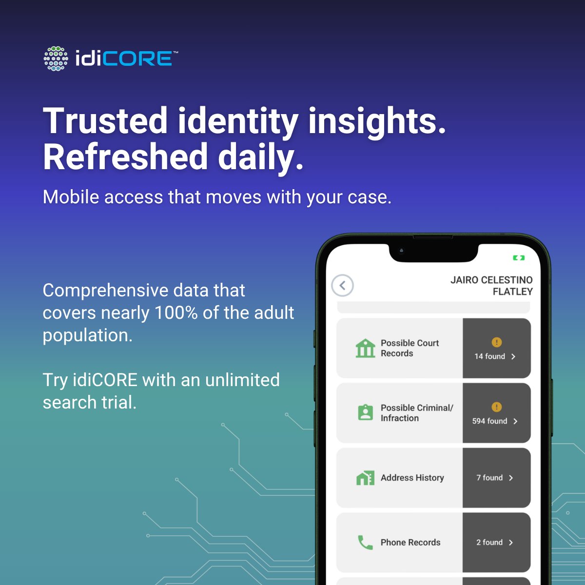 IDIData's tweet photo. The best investigators don't wait to get back to a desk. 🔥They work the lead while it's hot using idiCORE's mobile app. 

The idiCORE™ mobile app puts the full power of the platform in your pocket; on a scene, between interviews, or in the car when a lead comes in. https://t.co/PNakZr4f55