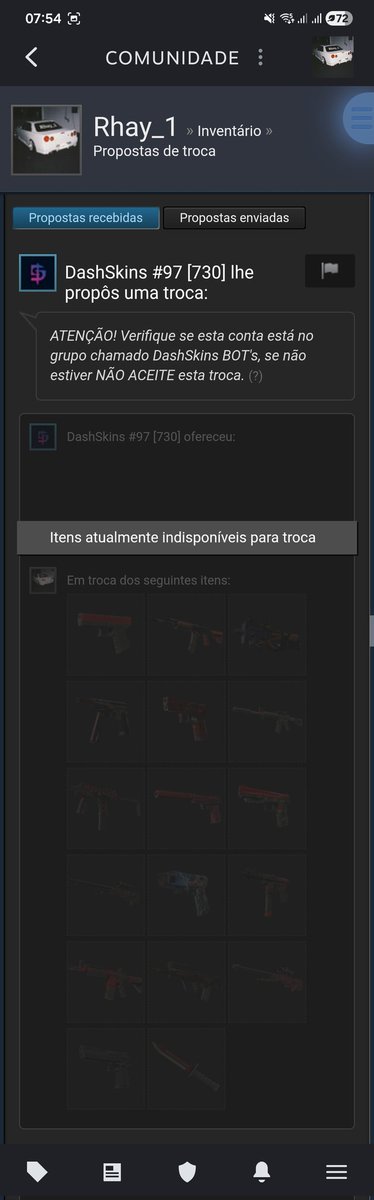 rhay0ne's tweet photo. Alguém pode me falar se já teve esse problema? Fui fazer uma trade no cs e simplesmente minhas skins sumiram, não chegou nem pro destinatário e nem voltou pro meu inventário e não aparece no histórico de trocas tbm... https://t.co/z3zDX86SoZ