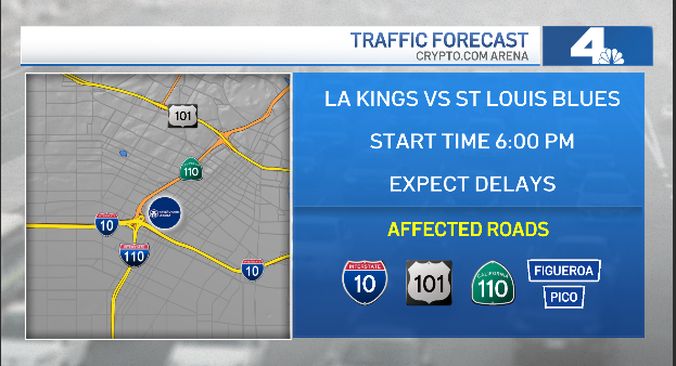 RobinWinstonTV's tweet image. NBC LA TRAFFIC FORECAST
@LAKings at @cryptocomarena 
@LosDodgers at #DodgerStadium
Plan ahead for busy traffic in the area this evening. #NBCLA #LATRAFFIC