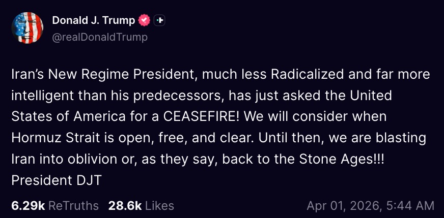 Hôm qua, Tổng thống Trump để ngỏ khả năng tuyên bố chiến thắng và rút lui, ngay cả khi chưa có thỏa thuận hay eo biển Hormuz vẫn bị gián đoạn. Nhưng hôm nay, ông cho biết Iran đã đề nghị ngừng bắn, và Mỹ chỉ xem xét nếu eo biển Hormuz được mở hoàn toàn.