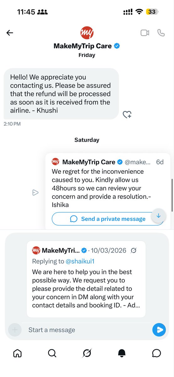 shaikui1's tweet photo. @makemytripcare @makemytrip @GACACare do you have any shame these many false commitments, even after airline cancelled the ticket you are not refunding money from past 25 days it’s a harassment https://t.co/AJfhVM1QIu