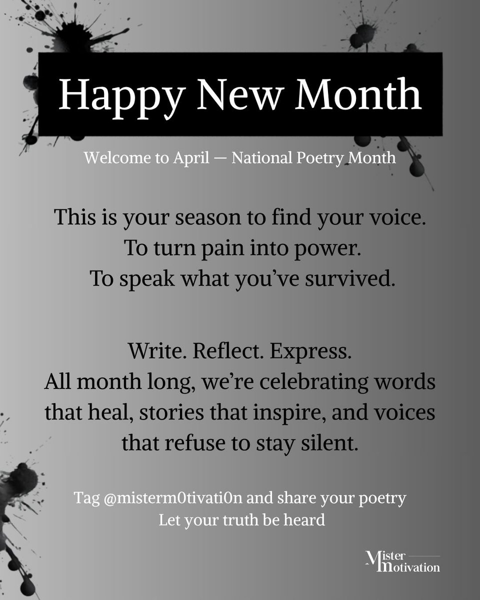 ShaunLMurphy's tweet image. April 🌱
National Poetry Month.

Say what you’ve been holding in.
Write it. Drop it. Own it.

🎤 Share a line below or tag @misterm0tivati0n

#NewMonth #PoetryMonth #SpeakYourTruth #SpokenWord #MisterMotivation