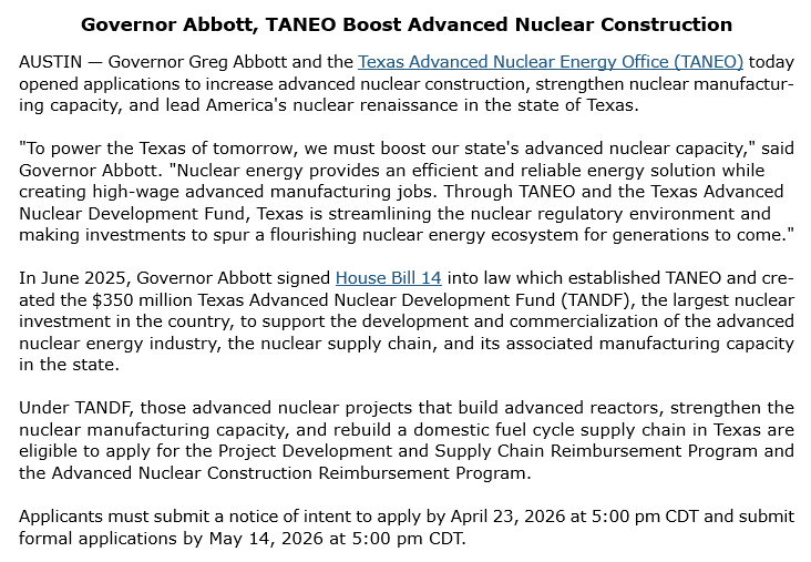 GovAbbottPress's tweet photo. To power Texas’ workforce &amp; energy solutions, we must strengthen Texas’ advanced nuclear capacity. 

That’s why, today, Governor @GregAbbott_TX &amp; TANEO opened applications to increase nuclear construction in the state.
 
This will supply our state’s power needs for generations. https://t.co/qtocmolV7G