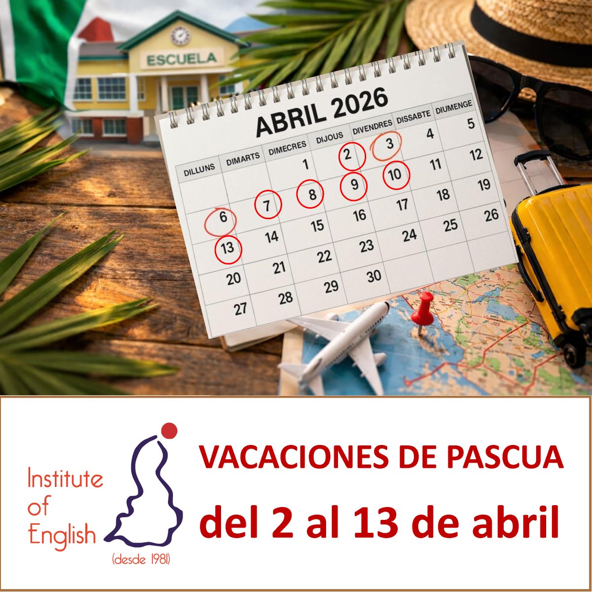 Instituteof1's tweet photo. Del jueves 2 al lunes 13 de abril estaremos cerrados por vacaciones de Semana Santa y Pascua. Volveremos el martes 14.
Feliz descanso a todos.
#InstituteOfEnglish #YLEnglish #JuniorsEnglish #AdultsEnglish
 #B1English #B2English #C1English #C2English
 https://t.co/VLl6Bu3LhM https://t.co/bgx89qEt8j
