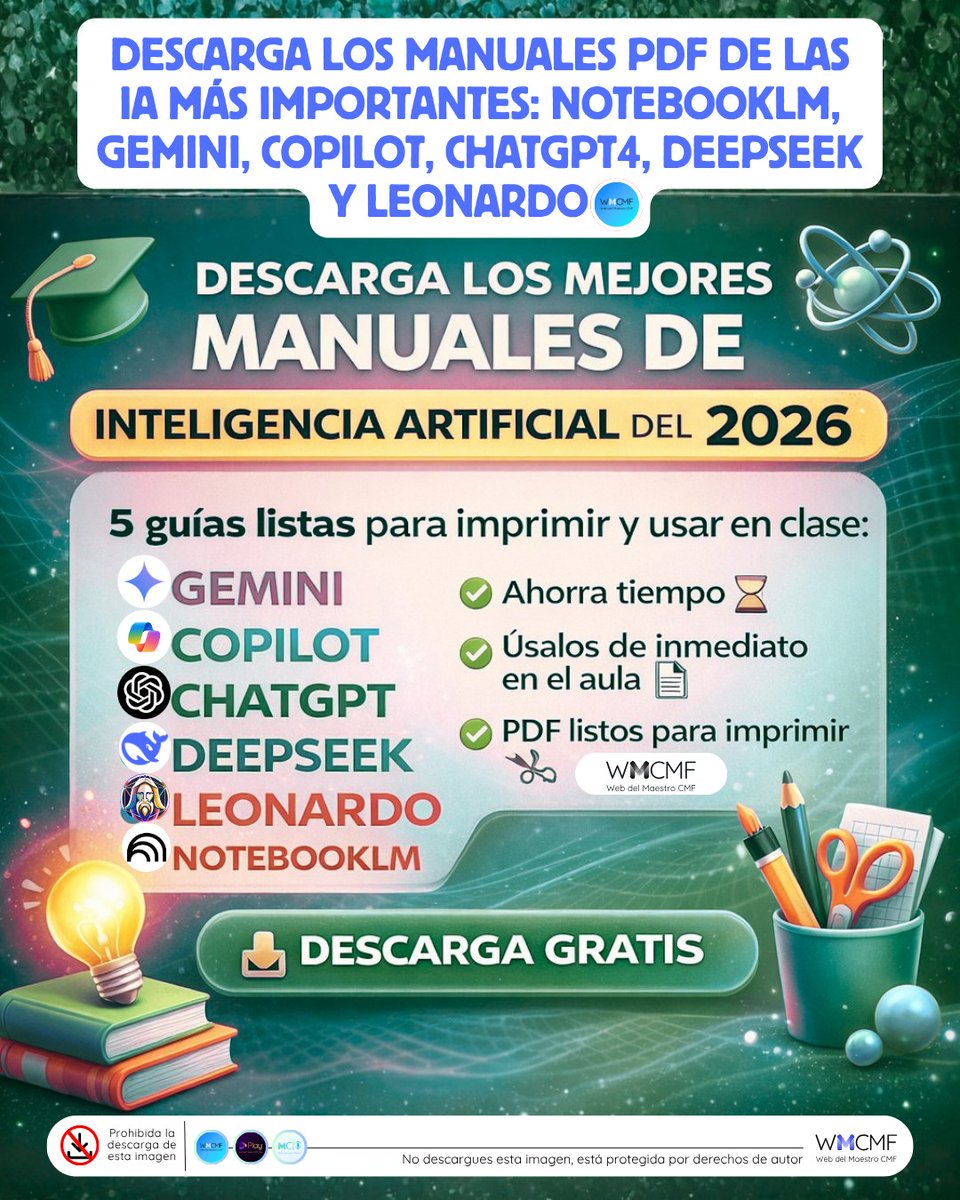Maestro, descargue los Manuales PDF de las IA más importantes actualizadas al 2026: NotebookLM, Gemini, Copilot, ChatGPT4, Deepseek y Leonardo. Enlace de descarga: webdelmaestrocmf.com/portal/manuale…

👉 Esta imagen está protegida y no puede descargarse ni publicarse en otros perfiles. 📌✨