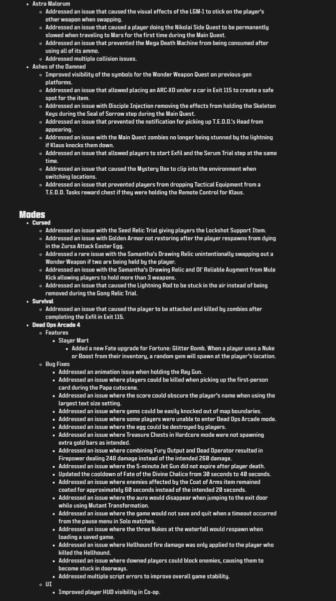 CoDZombHistory's tweet image. March 31 - #BlackOps7 #Zombies Season Three Patch Notes

- Paradox Junction, Astra Malorum, Ashes of the Damned Fixes
- Cursed, Survival, Dead Ops Arcade 4 Fixes
- A.R.C. M1 Fixes
- Mule Kick, Elemental Pop, Death Perception, PhD Flopper Fixes
- Energy Mine, Aether Shroud, Mister