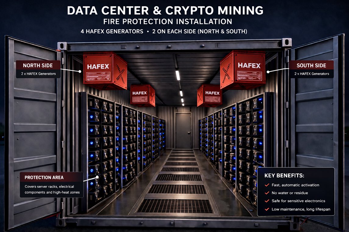 Fire inside a data center can shut down operations in seconds
We install overhead aerosol systems designed to flood the entire environment:
• No water • No residue • No damage to electronics • Full coverage vs point protection
Built for AI, crypto, and high-density compute