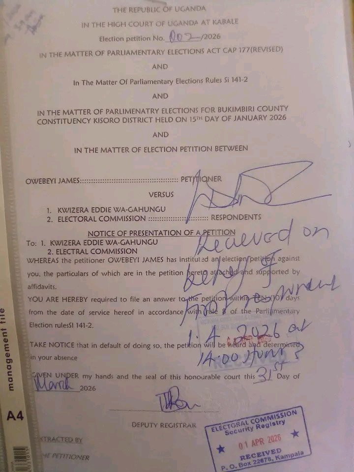 879vokfm's tweet photo. @owebeyi (@FDCOfficial1 has petitioned the High Court in Kabale to nullify Eddie Kwizera’s Bukimbiri County victory, seek fresh elections, &amp; claim UGX 674M in damages. He says his name was omitted from the electoral register despite being officially nominated
📸:@nkunda_bosco https://t.co/lvHN3uc8EN