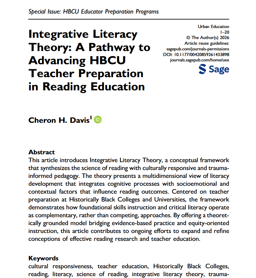 🌟Grateful to share a new publication on Integrative Literacy Theory 📖Grounded in the SoR,this work contributes 2 ongoing conversations abt lit instruction and teacher prep.Honored 2 b part of this space. doi.org/10.1177/004208…
#literacy #scienceofreading #urbaneducation