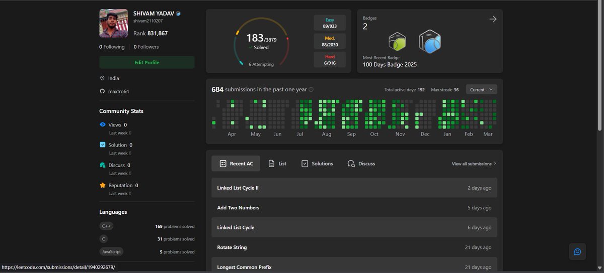 shivam21102005's tweet image. Should I increase no of question i have solved and start participatin in Contest?
what 's you guys think?
#nojob