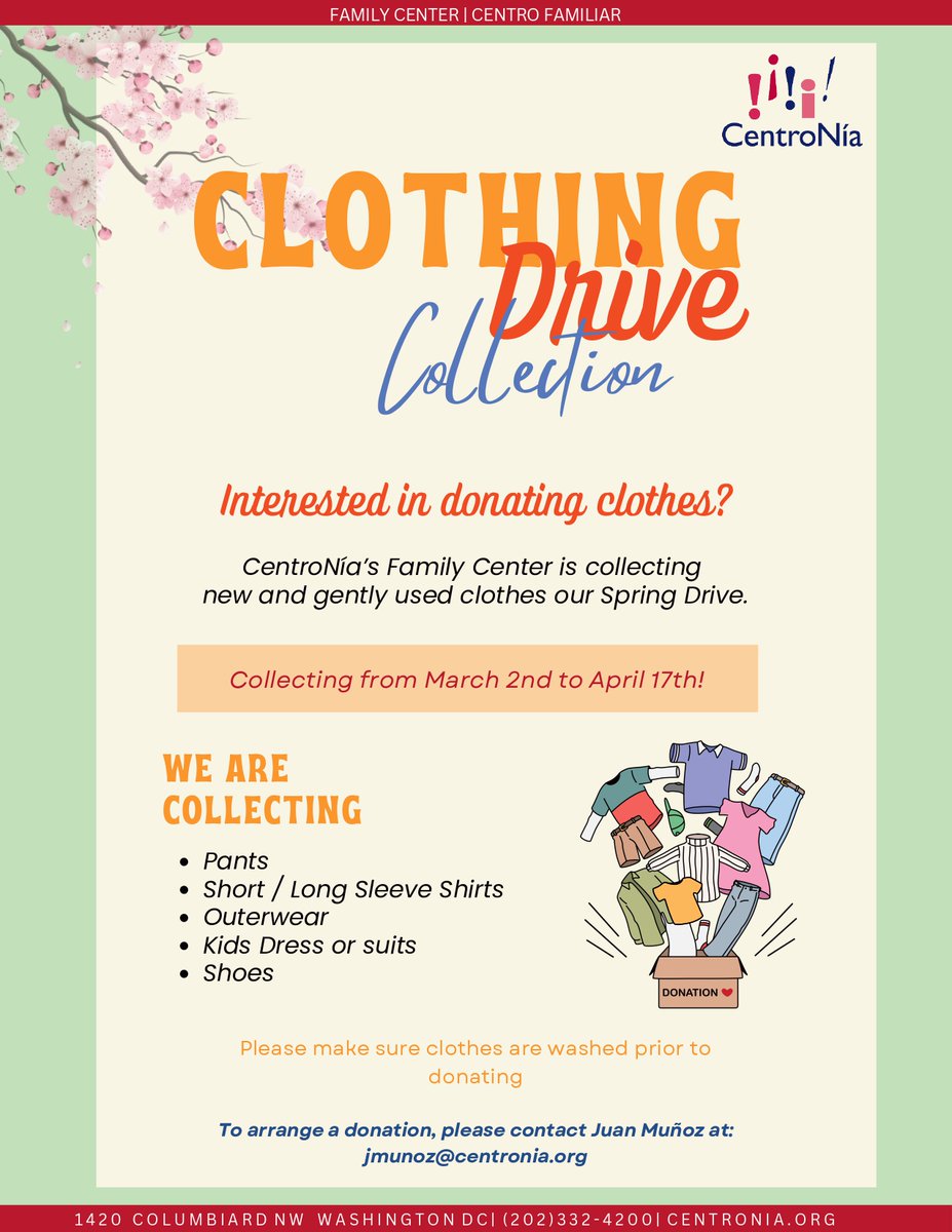 CentroNia's tweet image. Our spring clothing drive is back! 👖👚

We are collecting new and gently used clothes for our CentroNía families and students. To arrange a donation, please email jmunoz@centronia.org

#centronia #childcare #donation #springclothingdrive #community #familycenter #clothingdrive
