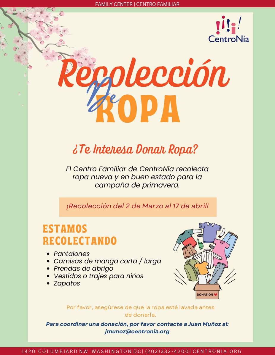 CentroNia's tweet image. Our spring clothing drive is back! 👖👚

We are collecting new and gently used clothes for our CentroNía families and students. To arrange a donation, please email jmunoz@centronia.org

#centronia #childcare #donation #springclothingdrive #community #familycenter #clothingdrive