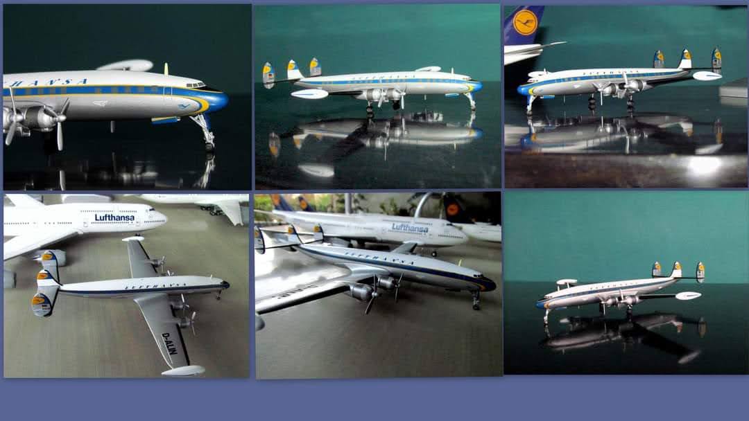 6eJet's tweet photo. This is a Herpa 1:200 model of the  Lockheed L-1049G Super Constellation in the colors of Lufthansa. 
The "Super Constellation was a long-range airliner from the 1950s. It's unique three-finned tail assembly was designed to allow the large aircraft to fit inside standard airport hangars. The large pods at the ends of the wings are extra fuel tanks used for long-range, trans-Atlantic flights.
Lufthansa Livery: The model features the classic blue and silver "parabola" scheme used by Lufthansa between 1955 and 1968. 
#Lufthansa #VintageAirliners #aviation #flight #diecastmodels #Herpamodels