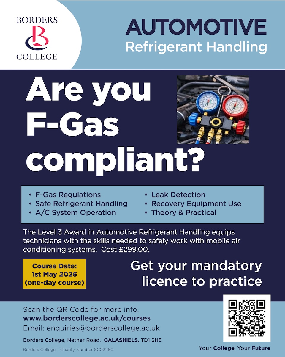 BordersCollege's tweet image. 🚗💨 Want to work safely and legally with vehicle air conditioning systems?

Boost your skills with our IMI Level 3 Technical Specialist in Automotive Refrigerant Handling course.

📅 Date: 1 May 26

🔗 Find out more: borderscollege.ac.uk/fgas

#AirConditioning
