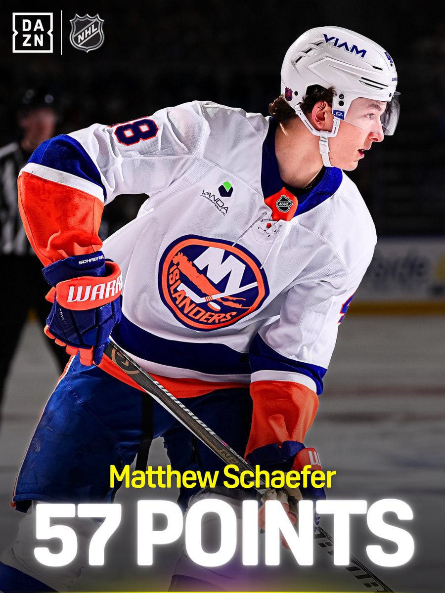 DAZN's tweet photo. With 57 points so far, Schaefer surpasses Stefan Person in the raking for highest single-season total by a rookie defenseman in NHL history 🤩🙌
 
One of the most impressive rookie seasons in the past 20 years? 🤔⬇️
 
#NHLonDAZN | #Islanders | #Schaefer | #NHL https://t.co/OnMdZBkLgE