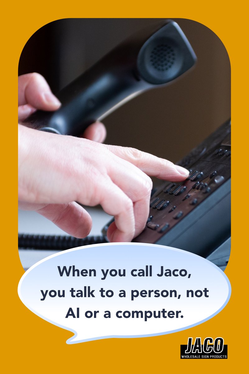 JacoSigns's tweet photo. Just one of the ways we try to stand out in the industry. No joke - we don't use AI or computers to answer the phone (unless you happen to get our voicemail 🙂

You can reach us at 423-250-5226. Wholesale only to the trade. You sell the signs, we'll make them. https://t.co/x6DVrilMTy