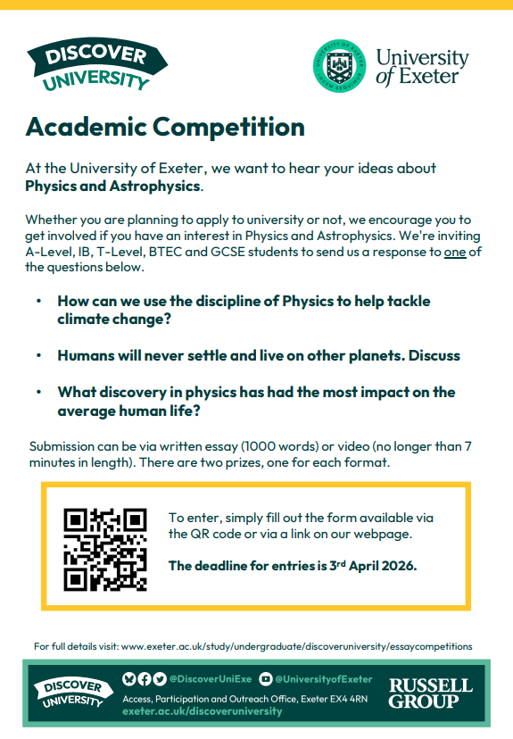 DiscoverUniExe's tweet photo. It's the last few days to get your essay in for our Academic Competition on Physics and/or Philosophy. Submit by this Friday to be in the chance to win a £100 voucher and a Uni of Exeter hoodie! Find out more: https://t.co/7VHd1tupZ5 https://t.co/s1dZOCANTf